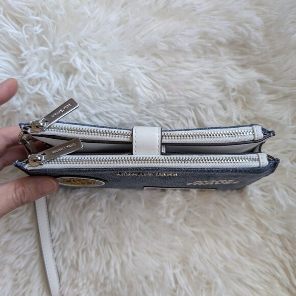 Michael Kors Jet Set Travel Double Zip Wristlet Denim Patches NWT - Picture 3 of 8
